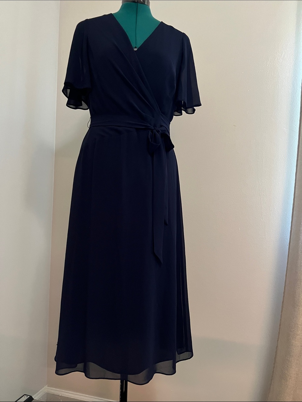 NWT Ralph Lauren Navy Wrap-Style Midi Dress with Tie Waist
